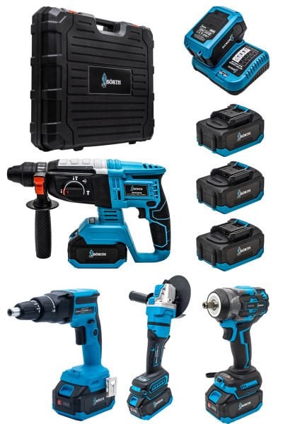 BÖRTH AKÜLÜ 4-LÜ SET HİLTİ+TAŞLAMA+SOMUN SIKMA+ALÇIPAN VİDALAMA 21V 3.0AH 3 AKÜLÜ