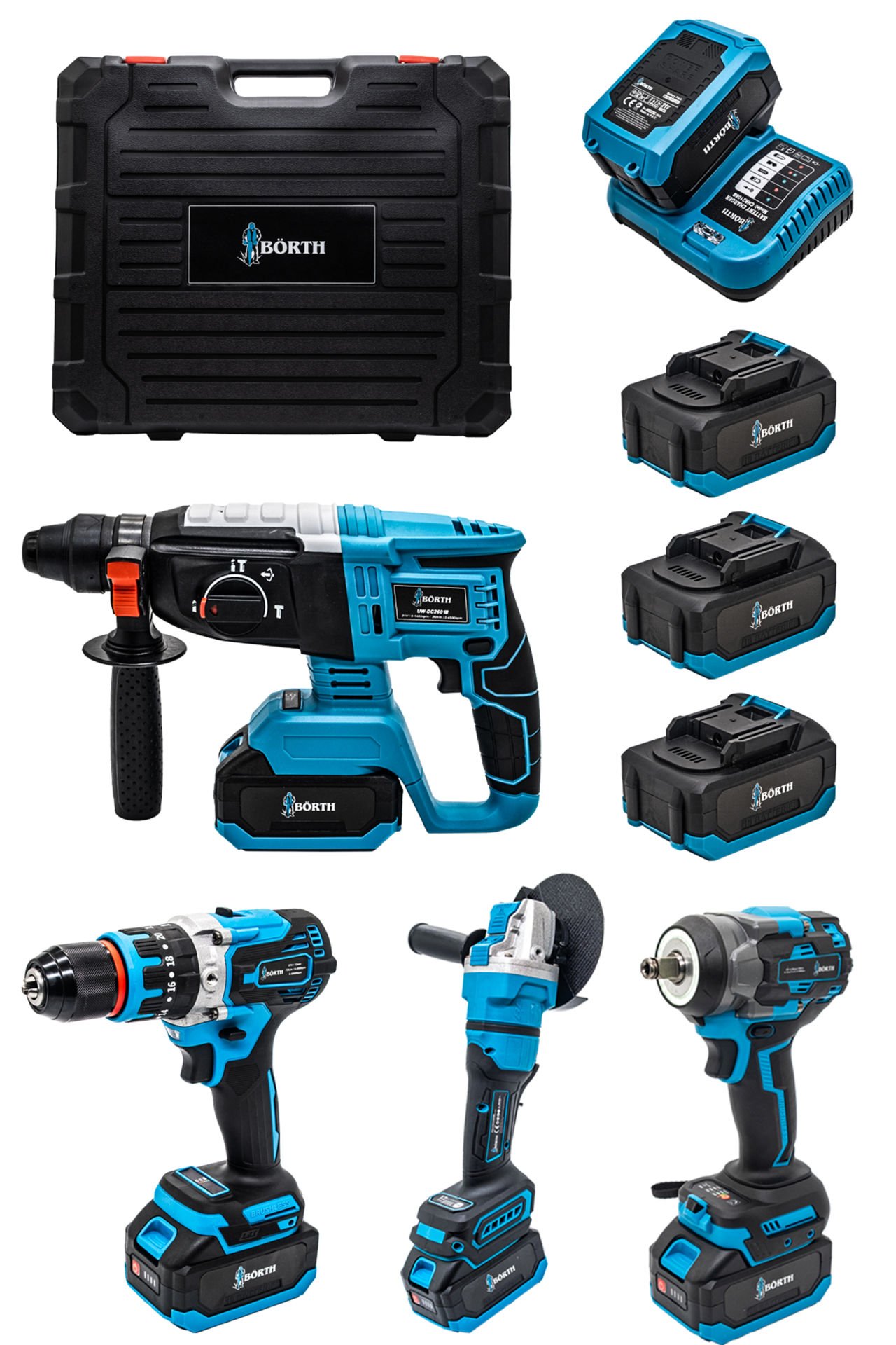 BÖRTH AKÜLÜ 4-LÜ SET HİLTİ+TAŞLAMA+SOMUN SIKMA+MATKAP 21V 3.0AH 3 AKÜLÜ