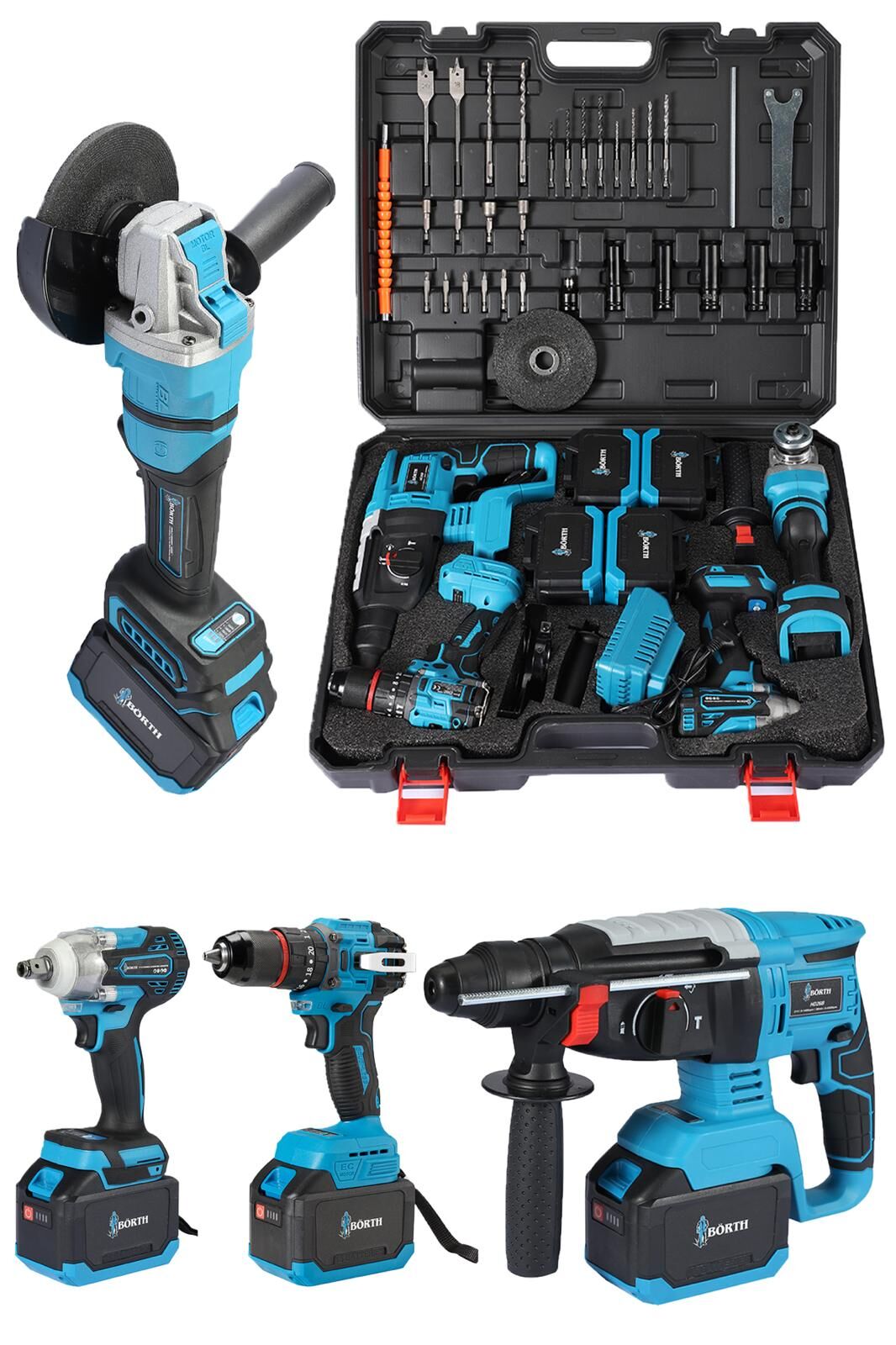 BÖRTH AKÜLÜ 4-LÜ SET HİLTİ+TAŞLAMA+SOMUN SIKMA+MATKAP 21V 4.5AH 3 AKÜLÜ